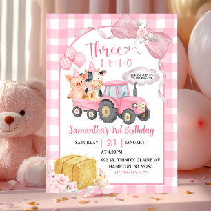 Pink Farm Animals Three-i-e-i-o Girl 3rd Birthday Invitation