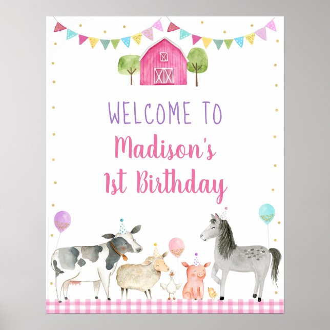 Pink Farm Barnyard Birthday Welcome Sign (Front)