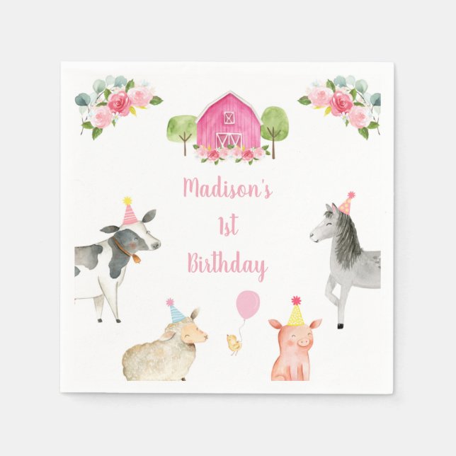 Pink Farm Barnyard Floral Birthday Napkin (Front)