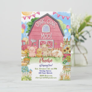 Pink Farm Barnyard Second Birthday Invitation