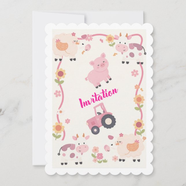 Pink Farm Birthday Invitation Template, Editable G (Front)