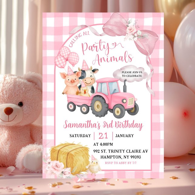 Pink Farm Calling All Party Animals Girl Birthday Invitation (Creator Uploaded)
