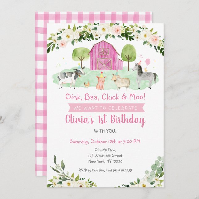 Pink Farm Floral Birthday Invitation (Front/Back)