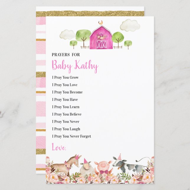 Pink Farm House Animals Barnyard Prayers for Baby (Front/Back)