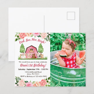 Pink Farm Photo 1st Birthday Invitation Postcard