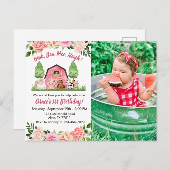 Pink Farm Photo 1st Birthday Invitation Postcard (Front/Back)