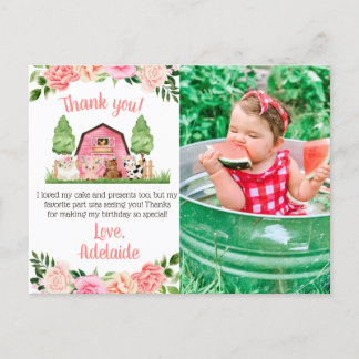 Pink Farm Photo 1st Birthday Thank You Postcard