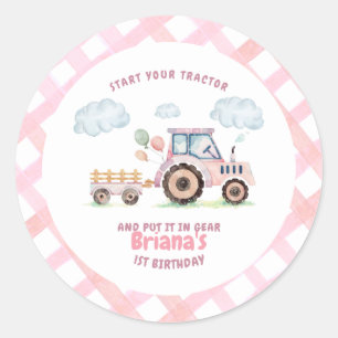 Pink Farm Tractor Girl Any Age Birthday Classic Round Sticker