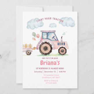 Pink Farm Tractor Girl Any Age Birthday Invitation