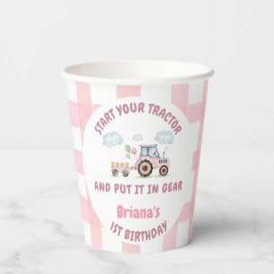 Pink Farm Tractor Girl Any Age Birthday Paper Cups