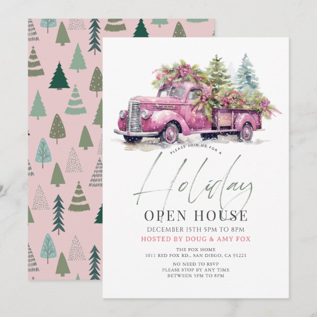 Pink Farm Truck Christmas Holiday Open House Invitation (Front/Back)