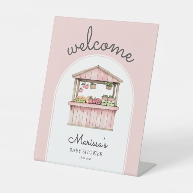 Pink Farmers Market Baby Shower Welcome Pedestal Sign (Front)