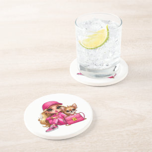 Pink Fashion Doll and Puppy Fleece Blanket Coaster