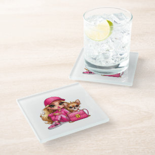 Pink Fashion Doll and Puppy Fleece Blanket Glass Coaster