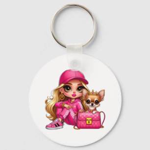 Pink Fashion Doll and Puppy Fleece Blanket Key Ring