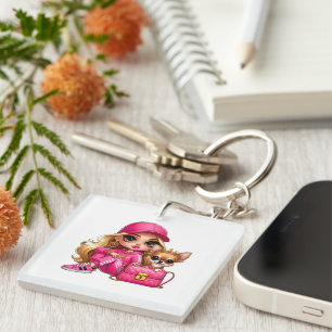 Pink Fashion Doll and Puppy Fleece Blanket Key Ring