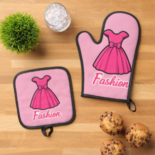 Pink Fashion Dress Sticker Oven Mitt & Pot Holder Set