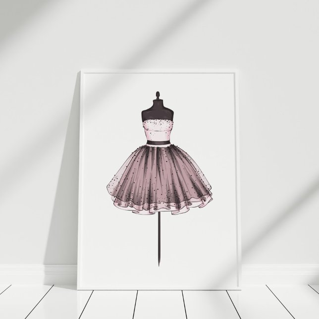 Pink Fashion Illustration Dress on Mannequin Poster (Fashion Illustration Dress on Mannequin Poster in white frame on white wooden floor.)