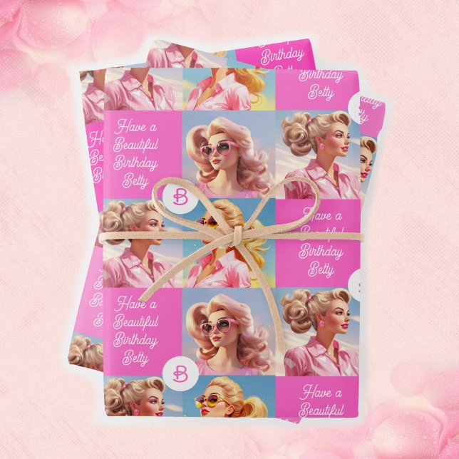 Pink Fashion Personalise Girl's Name Birthday Wrapping Paper Sheet (Creator Uploaded)