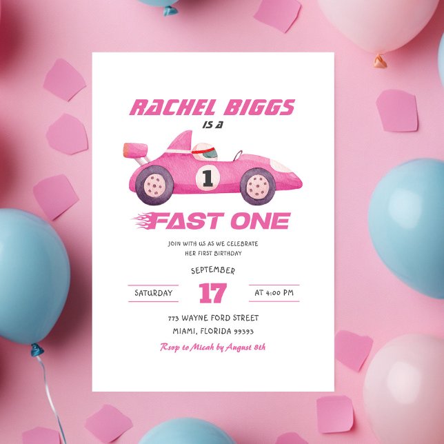 Pink Fast One Retro Racing Car Girl First Birthday Invitation (Creator Uploaded)