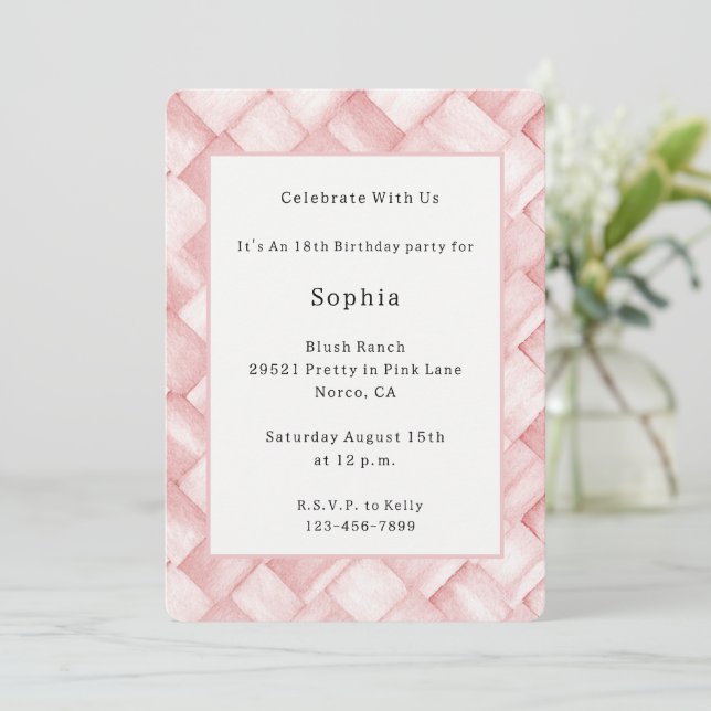 Pink Faux Basket Weave Birthday Invitation (Standing Front)
