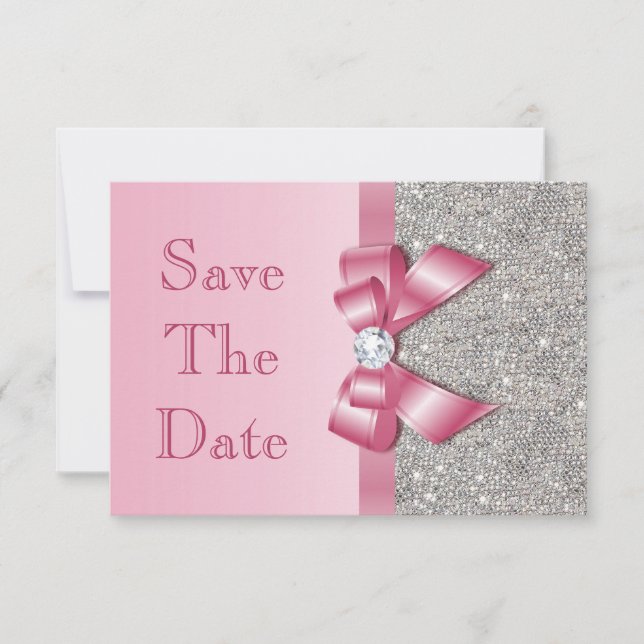 Pink Faux Bow & Diamonds Save The Date (Front)