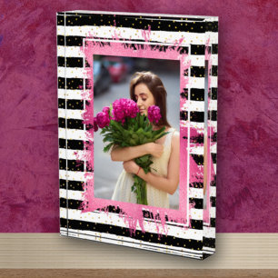 Pink Faux Foil on Black White Stripes Photo Block