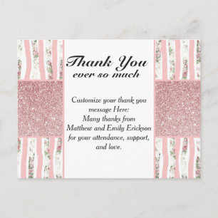 Pink Faux Glitter and Floral Brush Stroke Stripes Postcard