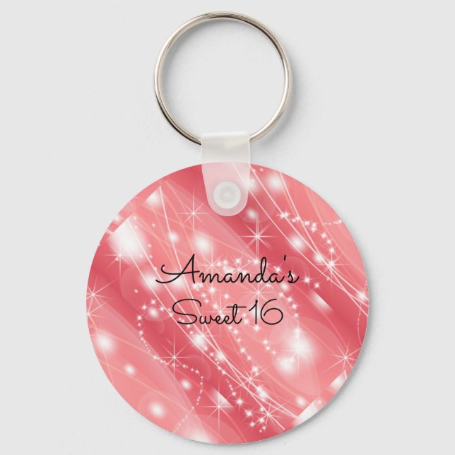 Pink. Faux Glitter and Sparkle, Sweet Sixteen Key Ring (Front)