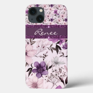 Pink faux glitter floral purple iPhone 13 case