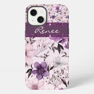 Pink faux glitter floral purple iPhone 13 case