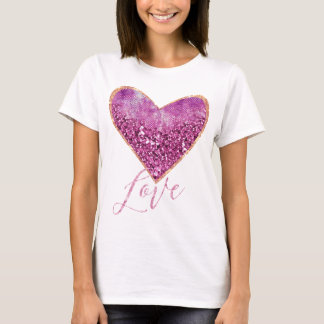 Pink Faux Glitter Gold Border Heart Love T-Shirt