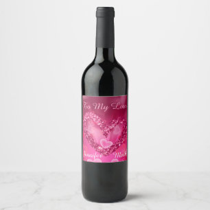 Pink Faux Glitter Hearts & Bokeh Hearts Wine Label