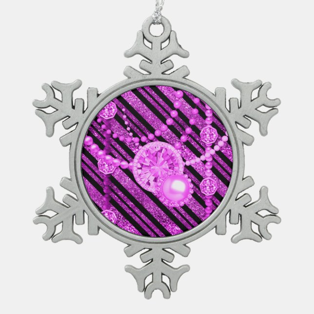 Pink Faux Glitter & Jewels Pewter Snowflake Snowflake Pewter Christmas Ornament (Front)