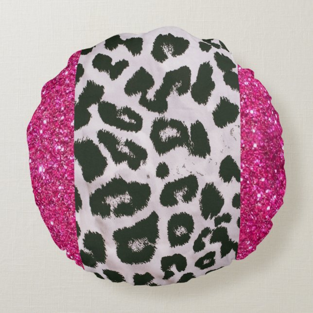 Pink Faux Glitter Leopard Print Round Throw Pillow (Back)