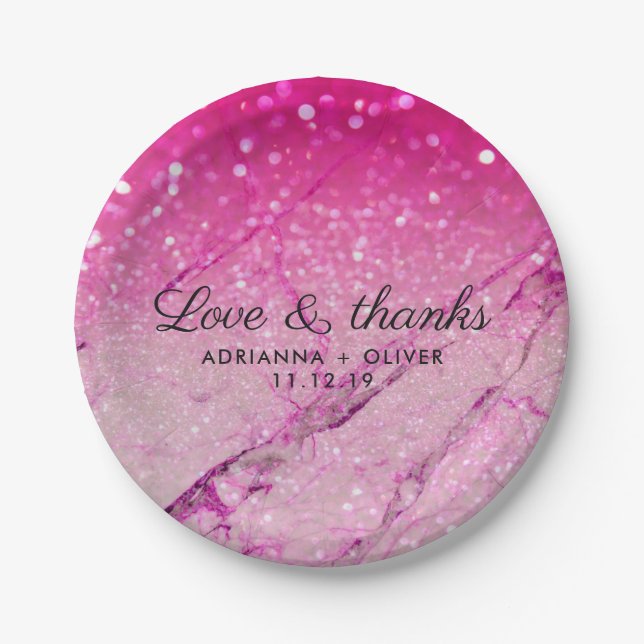 Pink Faux Glitter Marble Pattern Wedding Thank You Paper Plate (Front)