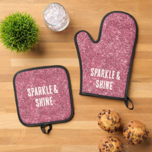 Pink Faux Glitter Oven Mitt & Pot Holder Set
