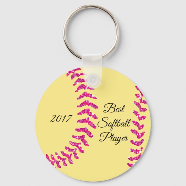 Pink Faux Glitter Softball Stitches Key Ring (Front)
