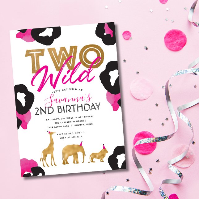 Pink Faux Gold Safari Two Wild Birthday Invitation (Pink Faux Gold Safari Two Wild Birthday Invitation)