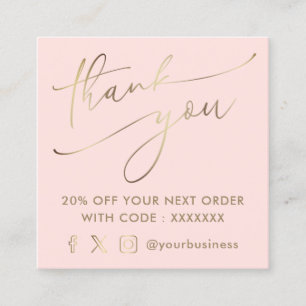 pink faux gold thank you script  square business card