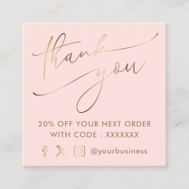 pink faux gold thank you script  square business card (Front)