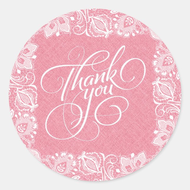 Pink Faux Linen & White Floral Lace Frame Classic Round Sticker (Front)