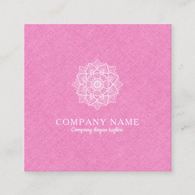Pink Faux Linen & White Mandala Square Business Card (Front)