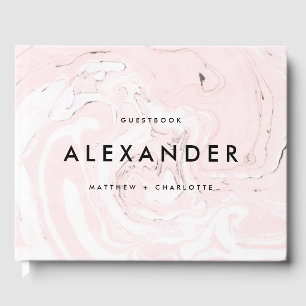 PInk Faux Marble Modern Wedding Guestbook