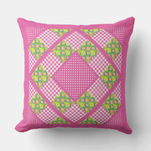 Pink Faux Patchwork, Primroses, Polkas and Gingham Cushion