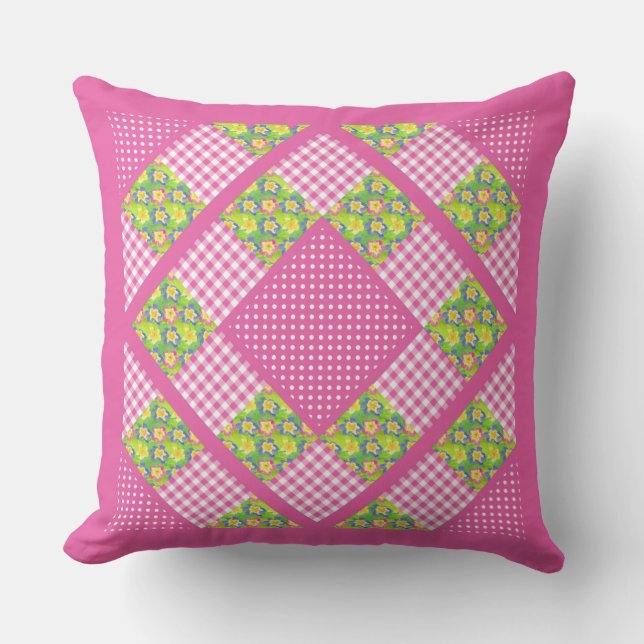 Pink Faux Patchwork, Primroses, Polkas and Gingham Cushion (Front)