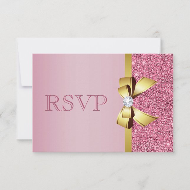 Pink Faux Sequins Gold Bow & Diamond RSVP (Front)