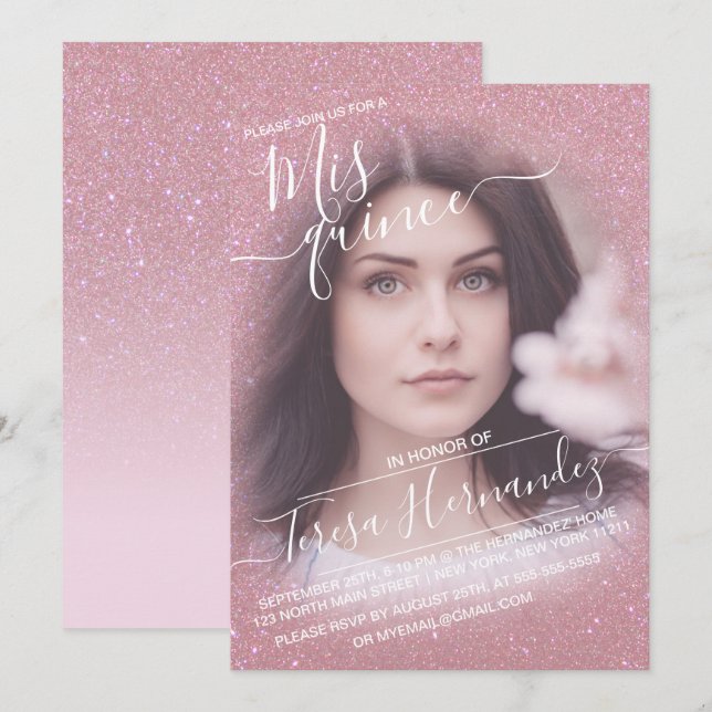 Pink Faux Sparkly Glitter Ombre Photo Quinceañera Invitation (Front/Back)