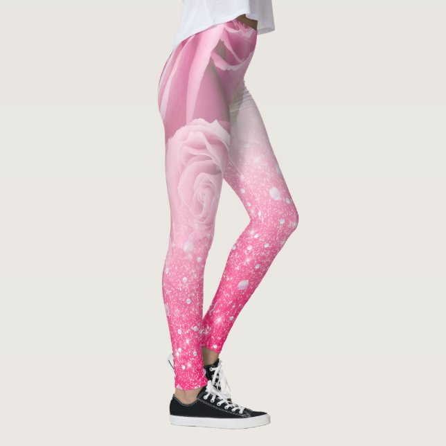 Pink Faux Sparkly Glitter Rose For Women And Girls Leggings (Right)