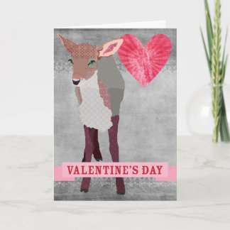 Pink Fawn Retro Grey Valentine Holiday Card